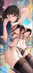 aqua_eyes arm_up black_bra black_hair black_panties black_thighhighs bra breasts cowboy_shot feifu female general hair_intakes hand_up holding honkai:_star_rail honkai_(series) hoyoverse large_breasts lingerie long_hair looking_at_viewer navel panties parted_lips ruan_mei_(honkai:_star_rail) side-tie_panties solo stomach thighhighs thighs underwear