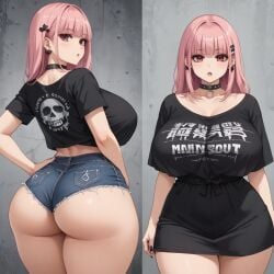 ai_generated casual_clothes emo huge_ass huge_breasts long_hair looking_at_viewer pink_hair shorts wide_hips