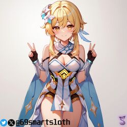 ai_generated blonde_hair boobs flower_in_hair genshin_impact lumine_(genshin_impact) peace_sign smartsloth smiling_at_viewer tagme twitter_username white_background yellow_eyes