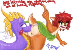 2024 absurd_res activision anthro aroused ass bent_over butt_sniffing clothed clothing deer digital_media_(artwork) dragon duo elora faun_(spyro) female feral hair hi_res horn humor male male/female mammal multicolored_body orange_body plazmacell purple_body red_hair satyr scalie short_tail simple_background smile sniffing spyro spyro_reignited_trilogy spyro_the_dragon tail text tongue tongue_out two_tone_body white_background