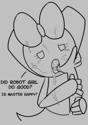 1girls artist_request bow cum_in_mouth cum_on_face drooling finger_in_mouth half-closed_eyes holding_arm looking_at_viewer looking_pleasured metallic_body open_mouth robot_girl robotboy robotgirl_(robotboy) skirt submissive_female text