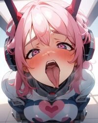 1girls ahe_gao ai_generated big_breasts black_hair boob_window breasts drooling female female_only flushed helmet humanoid no_visible_genitalia pink_body pink_eyes ponceai robot robot_girl shaking short_hair solo thirsty tongue tongue_out