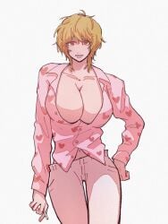 big_breasts blonde_hair brown_eyes cigarette cleavage donquixote_rosinante female female_only fully_clothed genderswap_(mtf) hand_on_hip kawaikalaw looking_at_viewer no_bra one_piece open_shirt rule_63 short_hair solo thigh_gap