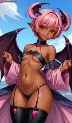 ai_generated big_ass blackwashed bra dark_skinned_female darkstalkers ebonization head_wings huge_hips lilith_aensland panties pear_shape pink_hair race_swap_fetish short_hair small_boobs small_breasts stockings succubus thick_thighs wide_hips