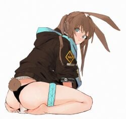 amiya_(arknights) animal_ears arknights black_jacket black_panties blue_eyes blush brown_hair clothing_aside dildo dildo_riding female female_masturbation hood hood_down hooded_jacket jacket long_hair looking_at_viewer looking_back masturbation no_pants object_insertion panties panties_aside rabbit_ears rabbit_girl rabbit_tail ryne_25 sex_toy simple_background solo tail uncensored underwear vaginal_object_insertion vaginal_penetration white_background