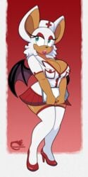 1girls 2017 anthro bat big_breasts blue_eyes breasts cleavage clothed clothing eyeshadow female female_only footwear furry hair high_heels high_res knee_high_socks lipstick makeup mammal nurse nurse_cap nurse_hat nurse_outfit nurse_uniform omegasunburst rouge_the_bat sega shoes sonic_(series) white_hair wings