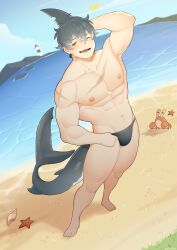 beach fujimachine male_only shark shark_boy shark_tail sharp_teeth speedo