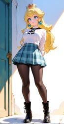 ai_generated black_boots blonde_hair blouse boots full_body fully_clothed mario_(series) pantyhose plaid_skirt princess princess_peach royalty skirt stable_diffusion standing white_blouse