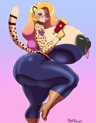 anthro betsibi big_breasts big_lips black black_legwear blonde_hair cheetah clothed gun half-closed_eyes huge_breasts hyper_breasts laser_gun lipstick milf nipple_piercing nipples pink_lipstick plankboy