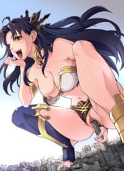 anklet armlet asymmetrical_legwear bangs breasts building building_insertion building_sex city clitoris cloud crown day dildo earrings erect_clitoris fate/grand_order fate_(series) female giantess highres hoop_earrings ishtar_(fate) jewelry large_breasts long_hair long_legs masturbation navel neck_ring nipples object_insertion open_mouth outdoors parted_bangs pussy pussy_juice red_eyes single_thighhigh sky solo spread_legs stirrup_legwear sweat thighhighs tiara toeless_legwear uncensored vaginal_object_insertion vaginal_penetration