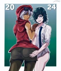 2024 2girls adult_female adults artist_name artist_signature ass big_ass big_breasts blue_eyes blue_hair breasts chainsaw_man cleavage crossover curvy dark-skinned_female dark_skin eyepatch female female_only gloves green_hair grin groping groping_ass himeno_(chainsaw_man) hoodie human interracial jojo's_bizarre_adventure lascivious mappa mariah_(jjba) open_clothes pale-skinned_female pale_skin short_hair shounen_jump smoking stardust_crusaders sunglasses sunglasses_on_head villainess white_hair wide_hips yellow_eyes yuri z3husky