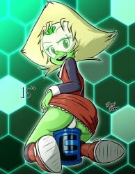 1girls ass_focus cartoon_network female female_focus female_only gem_(species) looking_at_viewer peridot_(steven_universe) roll_(cosplay) sitting_on_object steven_universe thick_ass thick_thighs vaginal_bulge white_panties