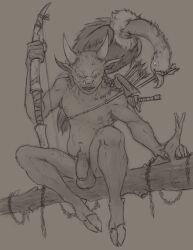 1boy accipitriform anthro arrow_(weapon) avian balls bird bow_(weapon) claws digital_media_(artwork) facial_piercing fluffy fluffy_tail genitals hair hi_res hooves horn humanoid_genitalia izrez kazhak male male_focus male_only nipples nose_piercing nose_ring penis piercing pubes quiver ranged_weapon ring_piercing smile solo tail teeth ungor_(warhammer) vulture weapon