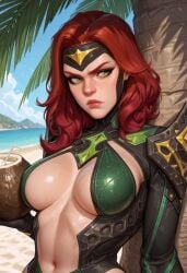 ai_generated armor beach belly_button bikini breast cleavage coconut frown frowning jean_grey marvel marvel_rivals ocean palm_tree phoenix_(marvel_rivals) phoenix_(x-men) troythekid