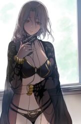 1girls backlighting bangs bikini black_bikini bracelet breasts carmilla_(fate) carmilla_(swimsuit_rider) cleavage collarbone curly_hair fate/grand_order fate_(series) female gun handgun hews_hack highres jewelry large_breasts long_hair looking_at_viewer multi-strapped_bikini navel parted_bangs parted_lips pistol silver_hair solo swimsuit weapon yellow_eyes