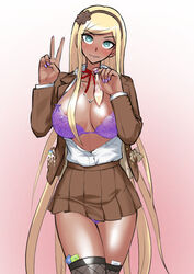 1girls akizora blonde_hair blue_eyes bra danganronpa dark_skin female female_only gyaru kuro_gyaru long_hair nail_polish sonia_nevermind straight_hair tagme v