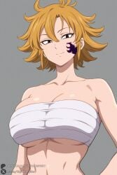 1female 1girl 1girls 2026 ai_generated artist_name bare_shoulders big_ass big_breasts black_eyes breasts chest_sarashi cleavage closed_mouth collarbone curvy derieri facial_tattoo grey_background hair_between_eyes hi_res high_quality high_resolution highres huge_ass huge_breasts large_breasts looking_at_viewer nanatsu_no_taizai navel orange_hair patreon patreon_username sarashi seven_deadly_sins short_hair simple_background skindentation smile solo strapless tattoo tube_top unjobdespiert upper_body watermark