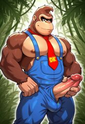 1boy ai_generated anthro ape big_penis blue_overalls brown_fur clothing donkey_kong donkey_kong_(dkbananza) donkey_kong_(series) donkey_kong_bananza donkey_kong_in_overalls erection fur furry furry_male furry_only genitals gorilla hand_on_penis huge_cock jungle large_penis looking_at_penis male male_nipples male_only mammal masturbation mature mature_anthro mature_male muscles muscular muscular_anthro muscular_male necktie nintendo nipples outdoors penis penis_out primate red_necktie smile solo solo_focus solo_male thick_penis trees