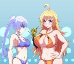 2girls bikini bikini_bottom bikini_top blonde_female blonde_hair blue_eyes different_breast_sizes hand_on_hip long_hair long_hair_female looking_at_breasts maikbeelzebub purple_eyes robotic_arm rwby weiss_schnee white_hair white_hair_female yang_xiao_long
