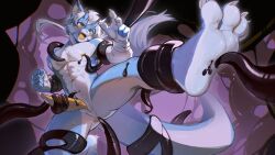 16:9 2_horns abs action_pose anthro athletic bandage bandaged_arm black_tentacles blush bodily_fluids dragon embarrassed erection genitals hair horn kemono male mythological_creature mythological_scalie mythology nervous nude open_mouth penis pose qingbai scalie solo sweat tapering_penis tentacle tentacle_around_arm tentacle_around_leg tentacle_around_tail three-quarter_view white_hair widescreen zhifeng