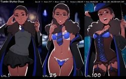 1girls black_clothing black_eyes black_hair black_legwear blue_bra blue_clothing blue_panties bra breasts bunches cloak clothed clothing dark-skinned_female dark_skin dave_cheung eyewear female female_only glasses harry_potter hogwarts_robe lingerie looking_at_viewer necktie nose open_mouth original_character panties ravenclaw robe round_glasses shiny_skin simple_background small_breasts socks solo solo_female standing student thick_lips tiombe_blythe-dixon underwear white_background witch_(harry_potter)