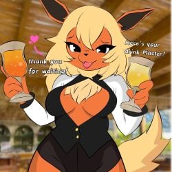 2025 anthro anthrofied beverage blonde_hair breasts chest_tuft cleavage_cutout clothed clothing cutout dialogue diamond_cutout digital_media_(artwork) eeveelution english_text evaacii fangs female flareon generation_1_pokemon glass hair heart_symbol hi_res looking_at_viewer master medium_breasts nintendo open_mouth orange_body pokemon pokemon_(species) pokemorph solo tail teeth text thick_thighs tuft wide_hips