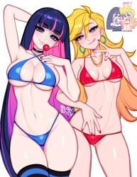 2025 2girls angel artist_name bikini blonde_hair blue_eyes blue_hair blush blushypixy blushyspicy breasts choker cleavage ear_piercing earrings female female_only heart heart-shaped_pupils highres large_breasts light-skinned_female light_skin lollipop long_hair looking_at_viewer medium_breasts multicolored_hair necklace panty_&_stocking_with_garterbelt panty_anarchy plain_background purple_hair stocking_anarchy stockings thick_thighs thighhighs tongue tongue_out two_tone_hair watermark white_background wide_hips