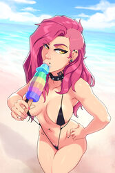 1girls beach breasts collar earrings female nadia_(kyhu) navel navel_piercing owler pink_hair popsicle pubic_hair shiny_skin sling_bikini solo yellow_eyes