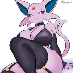 1:1 2025 anthro anthrofied armwear big_breasts bra breasts cleavage clothed clothing collar digital_media_(artwork) eeveelution espeon evaacii female fur garter_straps generation_2_pokemon hi_res huge_breasts legwear looking_at_viewer low-angle_view nintendo pokemon pokemon_(species) pokemorph purple_body purple_fur purple_sclera simple_background solo tail thick_thighs thigh_highs underwear white_background white_eyes wide_hips