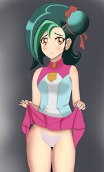 1girls blush cute female green_hair hair_bun hair_ornament kotori_mizuki looking_at_viewer orange_eyes panties pink_skirt skirt skirt_lift smile tori_meadows yu-gi-oh! yu-gi-oh!_zexal