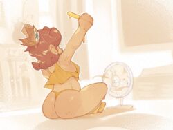 2025 armpits ass bare_legs bedroom breasts brown_hair clothed clothing crown eyebrows fan fan_(object) female footwear freckles_on_ass glistening glistening_body glistening_breasts glistening_skin hi_res huge_ass human legs mario_(series) nintendo on_side onimiere orange_bra orange_hair orange_thong panties popsicle princess princess_daisy relaxing sitting smile socks solo stretching sweat sweatdrop sweating thong tomboy twitter_link underwear yellow_socks young younger_female