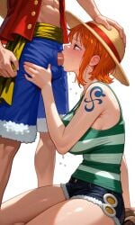 1boy 1girls ai_generated blowjob blue_shorts breasts crying fellatio female forced forced_blowjob forced_oral irrumatio kneeling kosine1777 large_breasts male monkey_d_luffy nami_(one_piece) one_piece open_vest oral_rape oral_sex orange_hair penis penis_in_mouth pre-timeskip putting_on_hat rape red_vest short_hair shorts shoulder_tattoo straw_hat taking_advantage tank_top vulnerable vulnerable_female