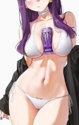 1girls abdomen belly belly_button big_breasts bikini breasts choker female female_only fern_(sousou_no_frieren) frieren_beyond_journey's_end light-skinned_female light_skin monster_energy nail_polish navel object_between_breasts only only_female pubic_hair pubic_hair_peek purple_hair purple_nails skinny sousou_no_frieren waligner