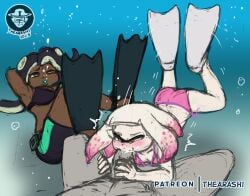 1boy 2girls bikini blowjob cum fellatio female fins male marina_(splatoon) nintendo patreon pearl_(splatoon) puffy_cheeks request sketch splatoon thearashi underwater