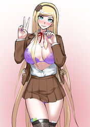 akisora akizora alternate_hair_length alternate_hairstyle bangs blush bra breasts brown_jacket brown_legwear brown_skirt cleavage closed_mouth collarbone danganronpa danganronpa_2:_goodbye_despair danganronpa_3 eyebrows_visible_through_hair female fishnet_legwear fishnets gradient gradient_background hairband jacket large_breasts long_hair long_sleeves miniskirt nail_polish neck_ribbon official_alternate_costume open_clothes open_jacket open_shirt pink_background pink_nails pleated_skirt purple_bra red_ribbon ribbon shiny shiny_hair shirt skirt smile sonia_nevermind straight_hair thighhighs underwear v white_shirt