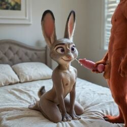 3d ai_generated breasts cum cum_on_face cute female fox furry judy_hopps knot nick_wilde rabbit realistic small_breasts smile zootopia