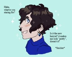 1boy 1trap accidental_trap anime_style animestyle blue_eyes blue_shirt brown_hair earring earrings hair_between_eyes hair_change icy_blue_eyes innocent looking_at_viewer looking_to_the_side male mistaken_identity no_sex no_sex(yet) profile_view side_view smiling_at_viewer snickering solo_male sparkles trap