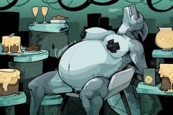 anthro big_belly big_breasts bloated bloated_belly breasts expansion female food force_feeding inflation pasties shark stomach_noises stuffing