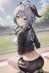 ahoge ass bangs bare_legs bike_shorts bird black_footwear black_jacket black_shirt black_shorts blush breasts closed_mouth cloud crop_top day eyebrows_visible_through_hair female fence from_behind full_body grey_eyes grey_hair hair_between_eyes hood horns jacket large_breasts long_hair long_sleeves looking_at_viewer looking_back medium_breasts midriff open_clothes open_jacket outdoors shirt shoes shorts silver_hair sneakers socks solo sunlight sweat thighs water_bottle white_shirt