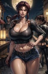 1girls abs ai_generated angry angry_face annoyed_expression black_lagoon breasts cleavage erect_nipples female holster holster_strap hourglass_figure huge_breasts jean_shorts midriff nipples nipples_visible_through_clothing revy shirt short_shorts shorts shoulder_holster tagme tattoo the_hotshot thick_thighs wide_hips