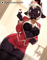 1girls ai_generated animal_ears animal_nose bathroom bell black_bra black_skin black_thighhighs blush body_fur bra breasts cult_of_the_lamb finger_heart furry furry_female goat_ears goat_horns hat heart horns jacket jingle_bell lamb_(cult_of_the_lamb) long_sleeves meevow miniskirt neck_bell open_clothes open_mouth panties pantyshot patreon_username pencil_skirt red_eyes red_skirt sheep_ears sheep_girl shirt skirt smile snout solo tail teeth thighhighs underwear web_address white_hair white_panties white_shirt