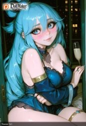ai_generated aqua_(konosuba) aqua_nails artist_name bare_shoulders blue_dress blue_hair blue_nails blush breasts cleavage crossed_arms detached_sleeves dollmaker dollmaker_(artist) dress female green_nails hair_between_eyes hair_rings heart heart-shaped_pupils jewelry long_hair looking_at_viewer nail_art nail_polish night nose_blush patreon_logo patreon_username ring sitting smile solo sparkle symbol-shaped_pupils tagme thigh_strap watermark web_address