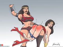 amazon barda_free big_barda black_hair blue_eyes boots bound bound_wrists cartoon_network commission dc_comics dcau diana_prince female_only femdom gold humiliation justice_league justice_league_unlimited large_breasts larger_female mister_miracle_(series) muscular_female over_knee over_the_knee over_the_knee_spanking pants_down red_ass sorenutz spanking tears toonami topless wonder_woman wonder_woman_(series)