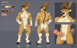 abs animal_genitalia animal_penis anthro apple-faced artist_name balls beard black_hooves brown_beard brown_facial_hair brown_hair brown_markings brown_nose deer equine_genitalia equine_penis facial_hair front_view fur genitals glistening glistening_eyes grey_background grey_eyes grin hair hand_on_hip hi_res hooves humanoid_genitalia humanoid_penis male male_anthro mammal markings model_sheet muscular muscular_anthro muscular_male nude pecs penis short_hair simple_background smile solo standing tan_body tan_fur text white_balls white_body white_fur