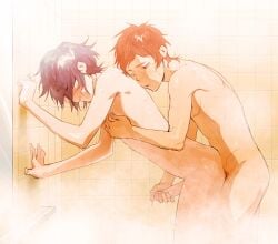 2boys absurdres bath black_hair blush closed_mouth completely_nude cowboy_shot cuntboy fushimi_saruhiko hand_on_another's_chest handjob highres k-project male_focus mastectomy_scar multiple_boys nipples no_eyewear nude orange_hair penis reach-around scar scar_on_chest shared_bathing short_hair skinny standing treslech3s wet yaoi yata_misaki