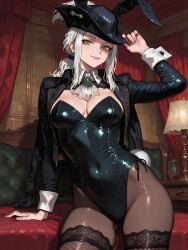 1girls ai_assisted ai_generated background bed bedroom black_clothing black_socks black_stockings bloodborne breasts bunny_costume bunny_ears bunny_girl bunny_tail bunnysuit clothed clothed_female clothing female female female_focus female_only fromsoftware girl green_eyes hips lady_maria_of_the_astral_clocktower lingerie looking_at_viewer pose posing posing_for_the_viewer smile smiling_at_viewer socks stockings tricorne video_game_character video_game_franchise video_games voluptuous white_hair