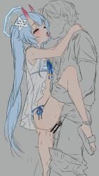 1boy amiamzk827 bikini blue_archive blue_bikini blue_hair blue_halo camisole chise_(blue_archive) chise_(swimsuit)_(blue_archive) clothed_sex clothes_pull female flat_chest flower french_kiss grabbing_another's_leg hair_flower hair_ornament halo hand_on_another's_ass hands_on_another's_shoulders highres holding_another's_leg horns kissing leg_up long_hair male_pubic_hair one_eye_closed open_mouth pants pants_pull penis pubic_hair red_eyes sandals see-through_camisole see-through_clothes sex short_sleeves side-tie_bikini_bottom skin-covered_horns standing standing_sex straight striped_bikini striped_clothes sweat swimsuit testicles tongue tongue_out vaginal_penetration white_flower