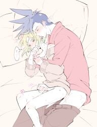2boys anal anal_sex androgynous femboy galo_thymos handjob lio_fotia male masturbation promare size_difference spoon_position spooning twink yaoi