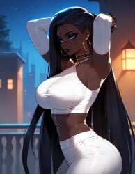 1girls ai_generated bare_shoulders big_breasts bitch black_hair black_lips black_lipstick black_mascara blue_eyes breasts choker curvy curvy_figure dark-skinned_female dominant dominant_female earrings eyelashes eyeshadow female fit fit_female goth goth_girl gothic jamila_(xandr) large_breasts long_hair makeup mature_female milf pants queen sexy straight_hair taller_girl tatoos tattoo thick_ass thick_thighs thight_clothing turtleneck very_dark-skinned_female very_long_hair xandr