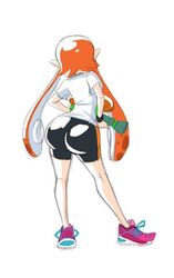 anthro axel-rosered back back_view big_butt black_shorts bottom_heavy butt cephalopod cephalopod_humanoid huge_butt humanoid inkling inkling_girl kaori_(splatoon) looking_away nintendo orange_hair pointy_ears shorts skinny solo solo_female splatoon squid tentacle tentacle_hair white_background white_shirt white_skin